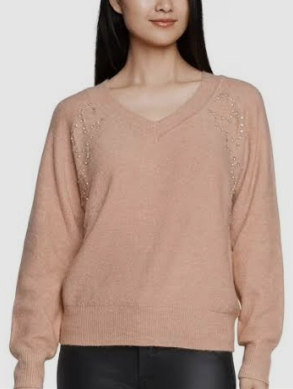 Express Blush Pink V-Neck Sweater with Shoulder Bead Detail